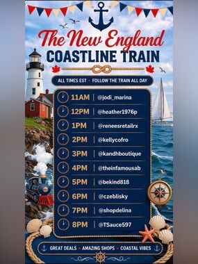New England Coastline Train Nautical Poster - Red, Navy & White